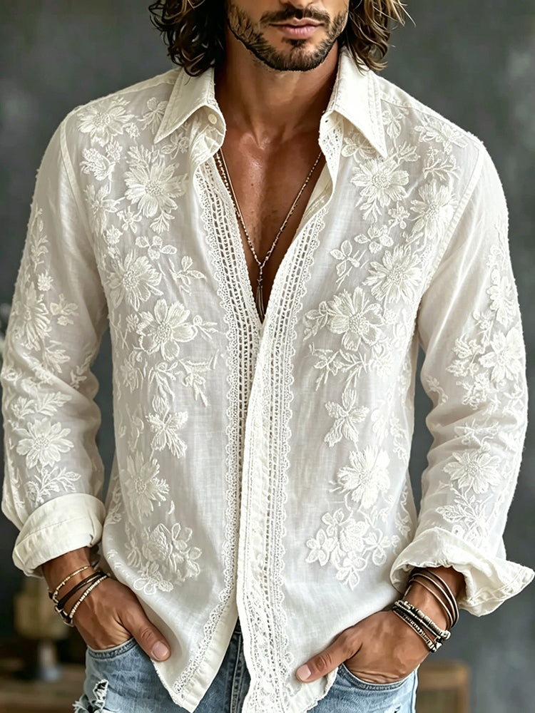 Men's Floral Embroidered Casual Cotton Linen Long-sleeved Shirt