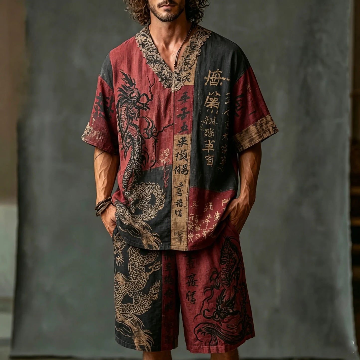 Men's Dragon Letter Color Block Cotton Linen V-neck Short-sleeve Shorts Two-piece Set