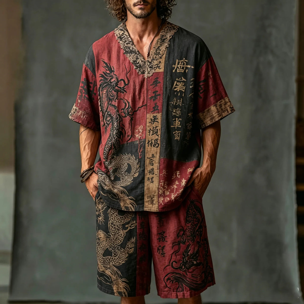 Men's Dragon Letter Color Block Cotton Linen V-neck Short-sleeve Shorts Two-piece Set