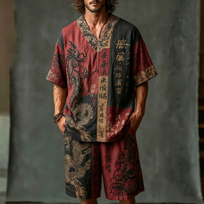 Men's Dragon Letter Color Block Cotton Linen V-neck Short-sleeve Shorts Two-piece Set