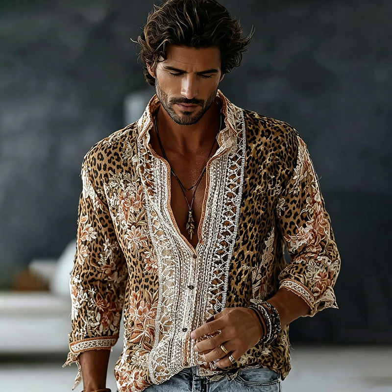 Men's Retro Floral In Leopard Art Print Flowy Linen Blend Shirt
