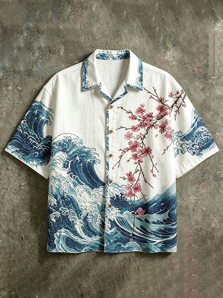Men's Retro Japanese Wave Texture And Cherry Blossom Art Pattern Casual Shirt