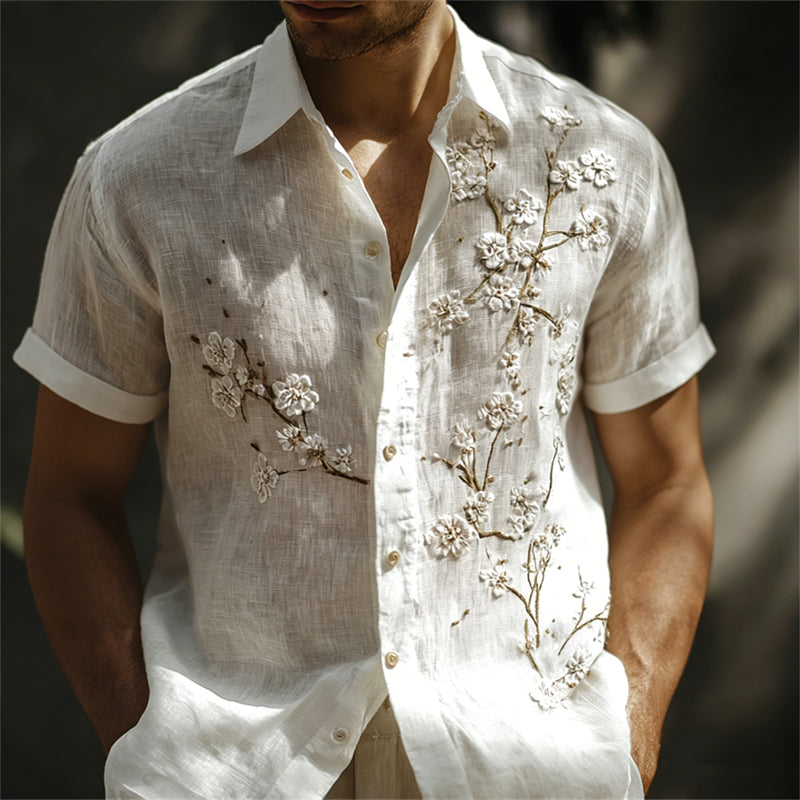Men's Classy White Almond Blossom Embroidered Linen Shirt