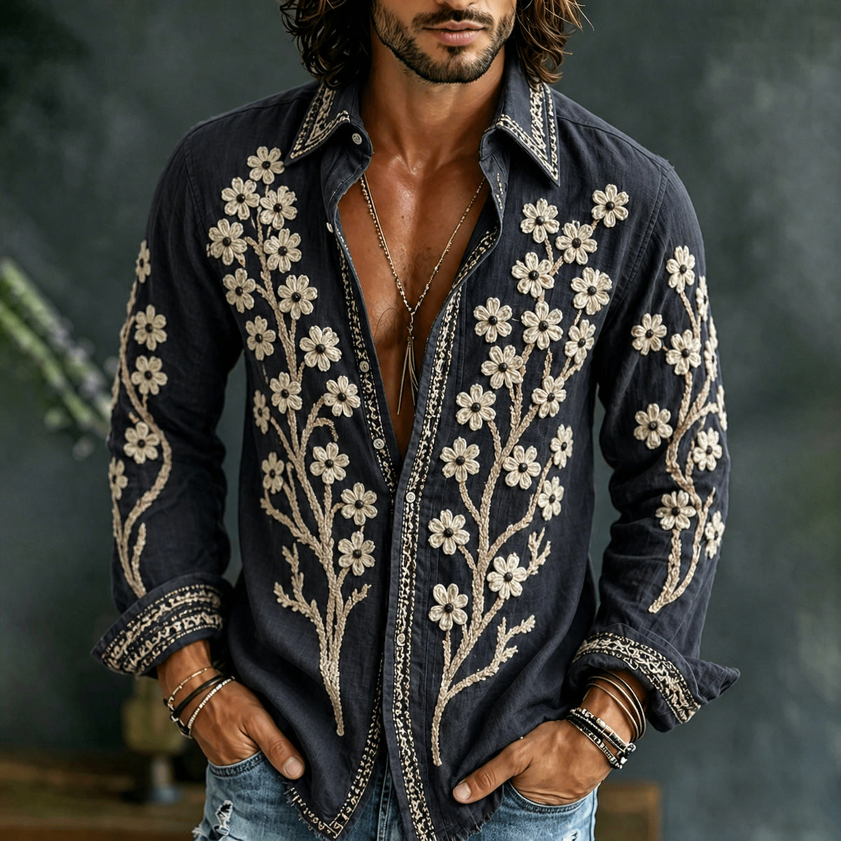 Men's Vintage Flower Embroidery Art Comfy Linen Shirt