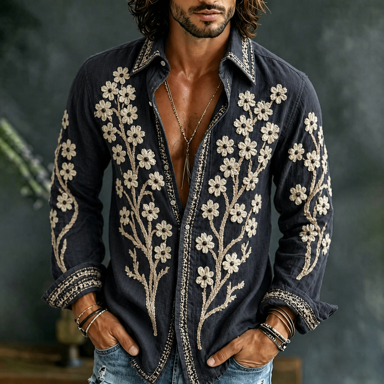 Men's Vintage Flower Embroidery Art Comfy Linen Shirt
