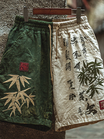 Japanese Bamboo Art Color Blocking Linen Blend Casual Shorts