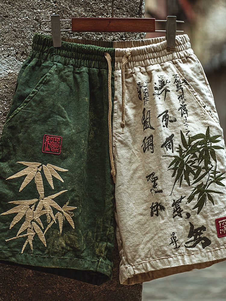 Japanese Bamboo Art Color Blocking Linen Blend Casual Shorts