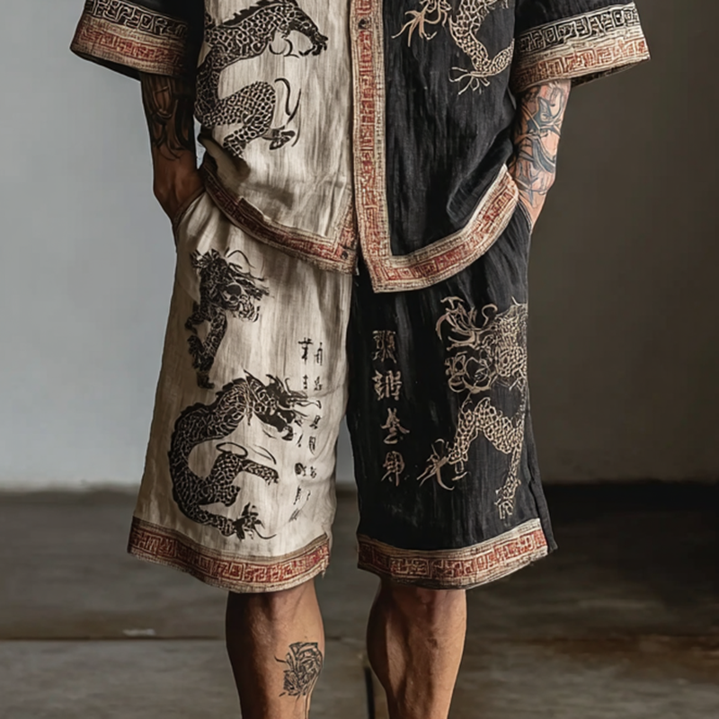 Men's Retro Dragon Color Block Two-piece Set