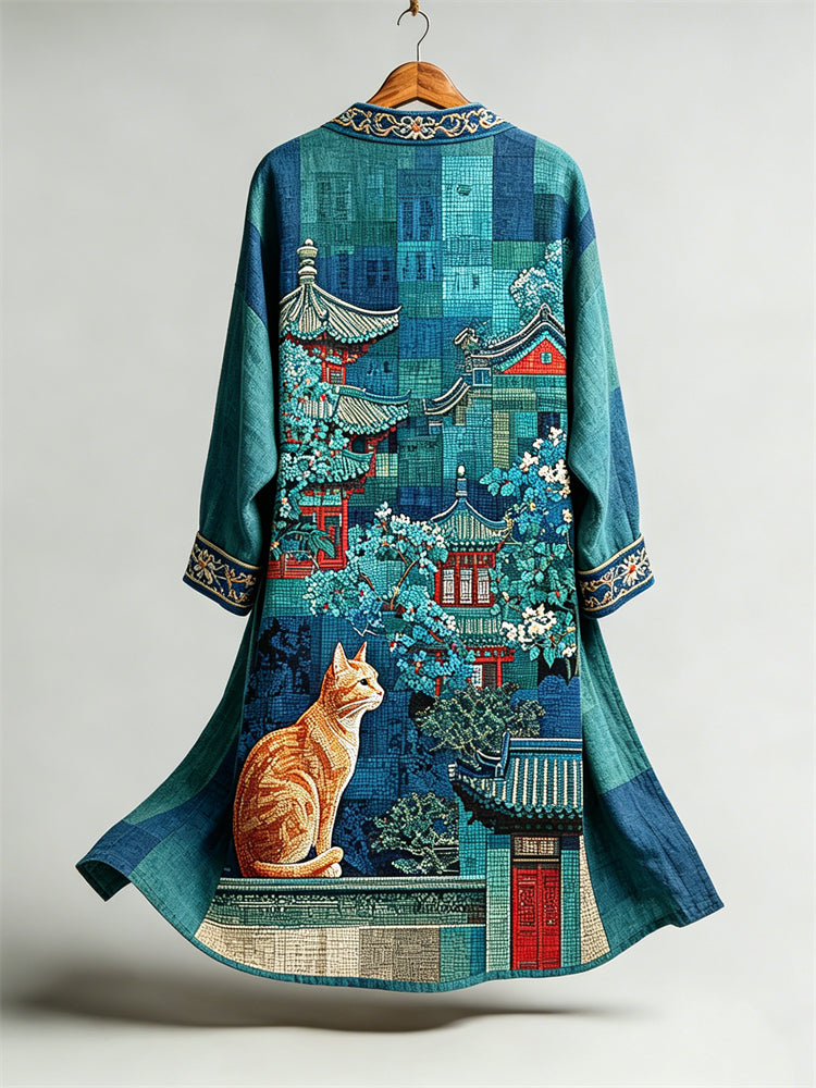 Cat & Japanese Traditional Scene Colorblock Linen Long Kimono