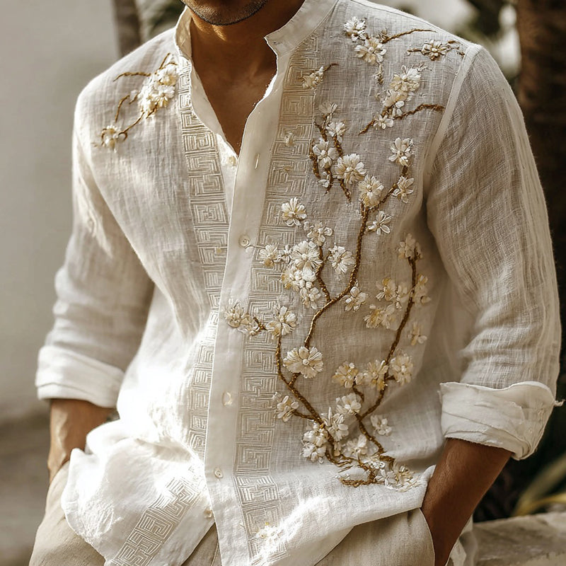 Men's Japanese Artistic Cherry Blossom Linen-blend Shirt