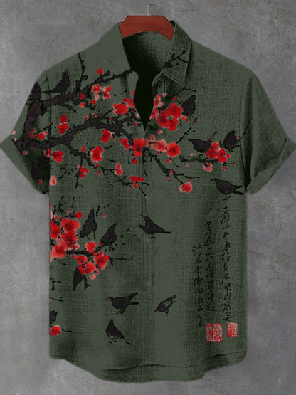Men's Floral Bird Butterfly Art Print Short Sleeve Shirt
