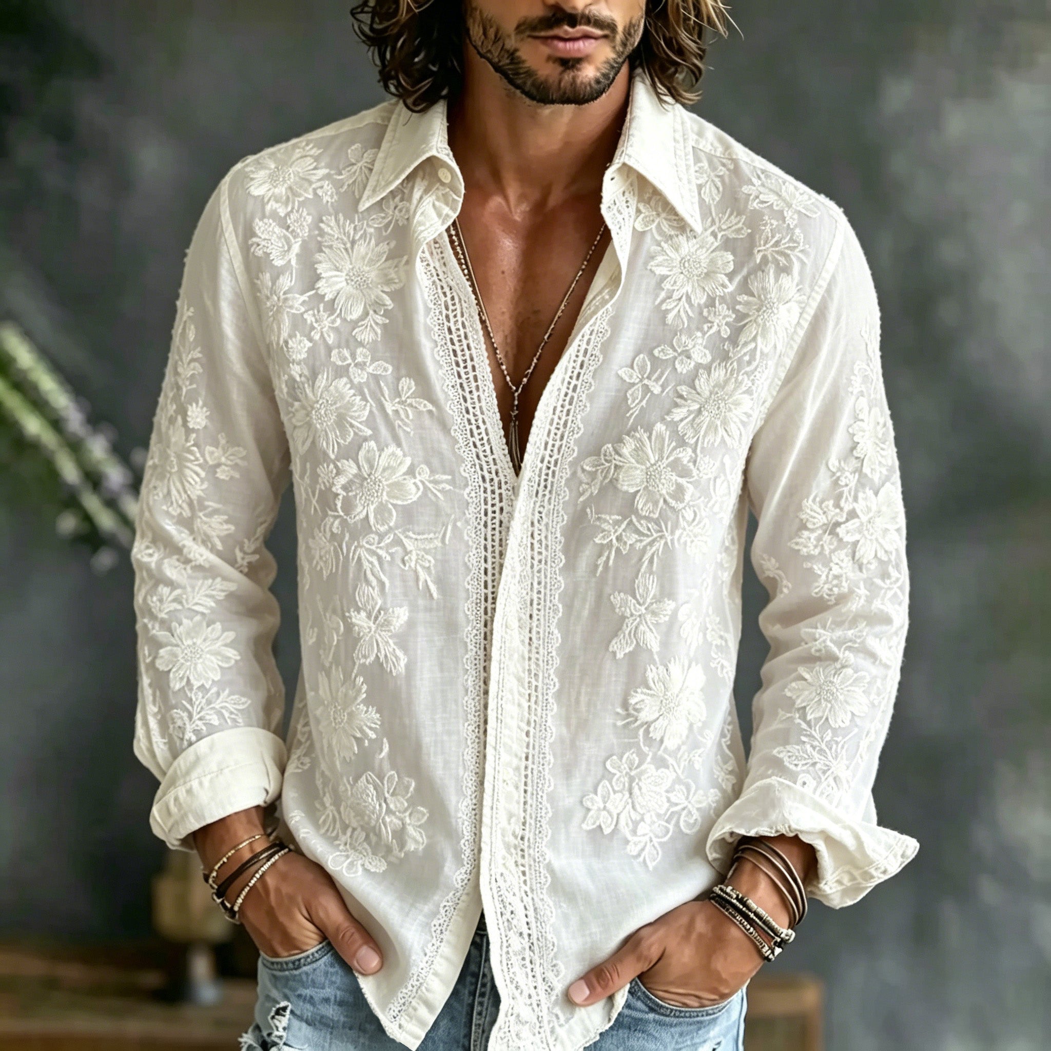 Men's Floral Embroidered Casual Cotton Linen Long-sleeved Shirt