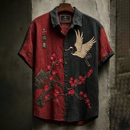 Men's Retro Red Plum With Cranes Color-block Art Linen Shirt