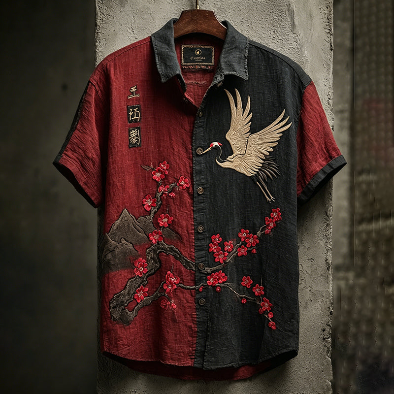 Men's Retro Red Plum With Cranes Color-block Art Linen Shirt