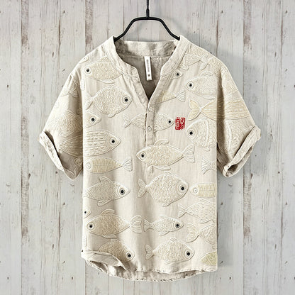 Vintage Fish Japanese Art Long Sleeve Cozy Linen Tunic