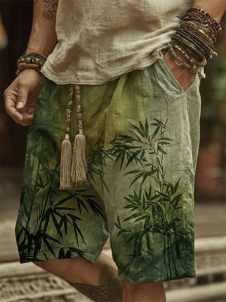 Men's Japanese Bamboo Art Print Linen Blend Casual Shorts