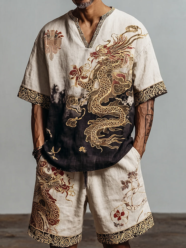 Men's Retro Dragon Design Loose Fit Suit