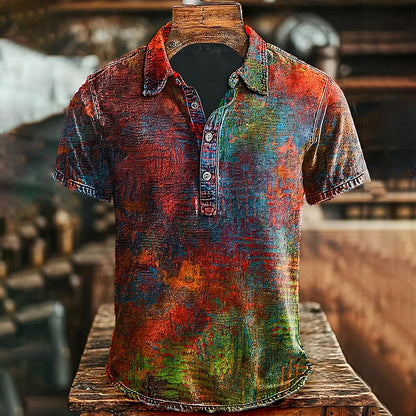 Men's Retro Colorful Old Printed Casual Short Sleeve Polo Shirt