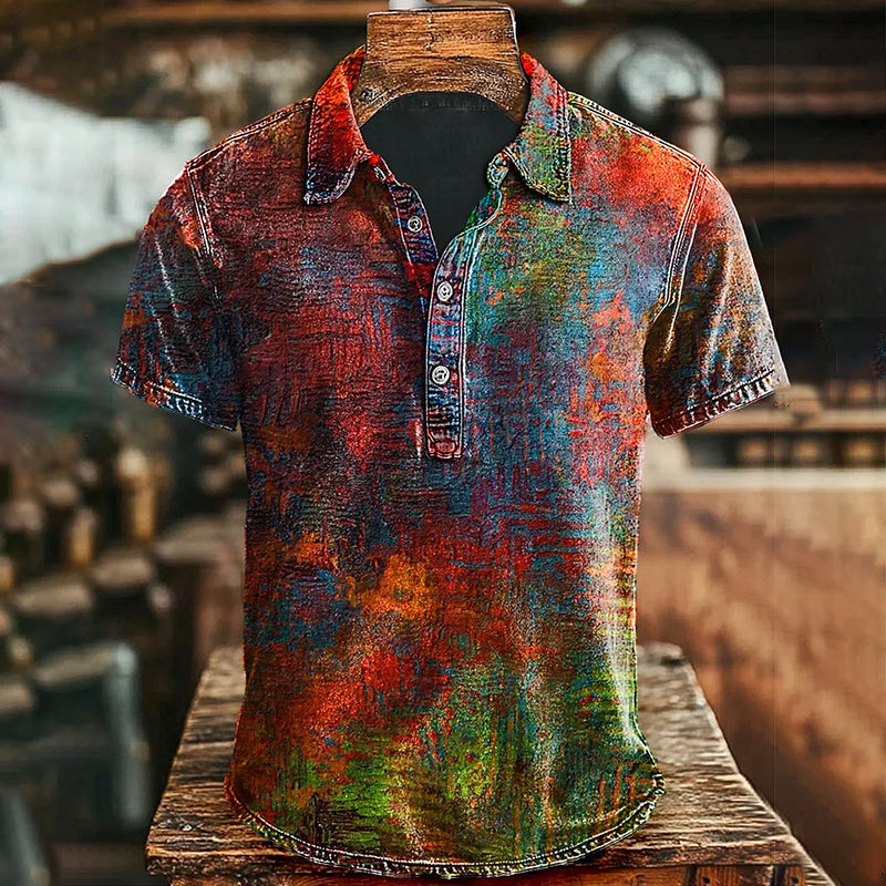 Men's Retro Colorful Old Printed Casual Short Sleeve Polo Shirt
