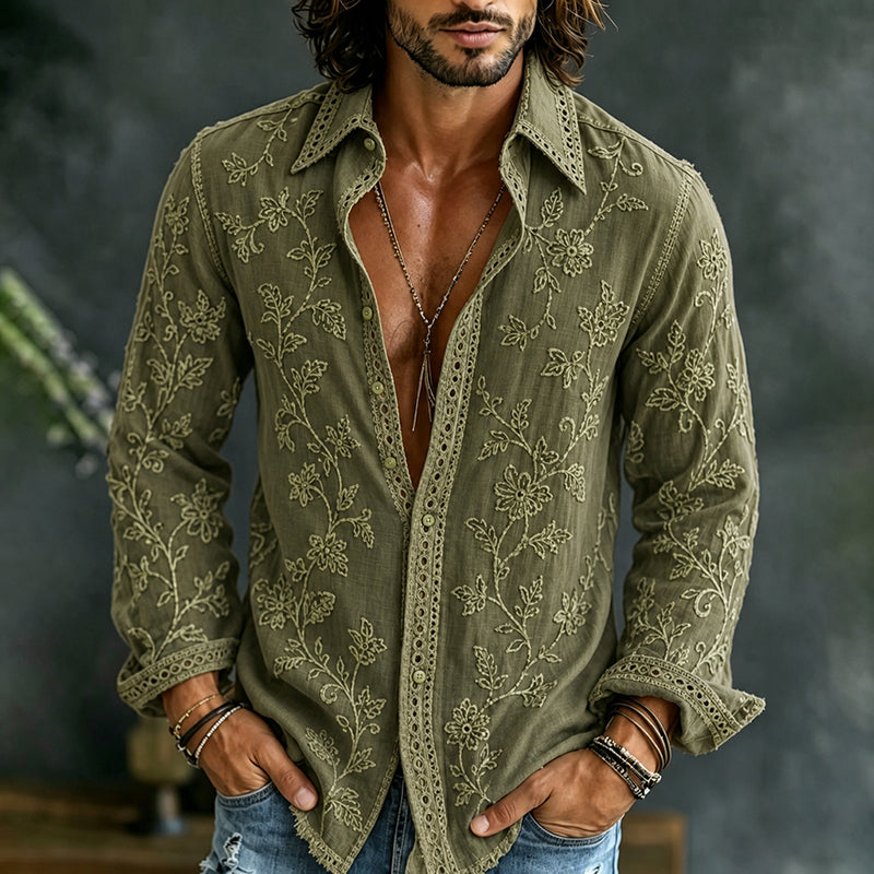 Men's Vintage Floral Art Cotton Linen Long-sleeved Shirt