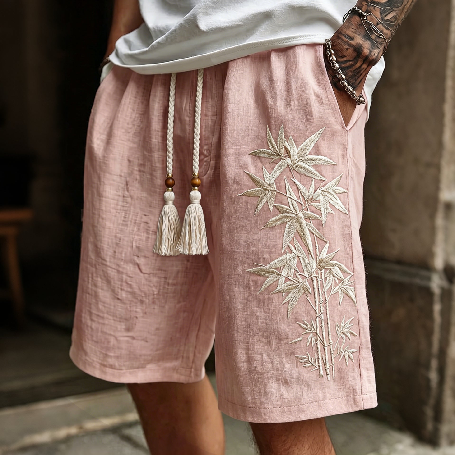 Men's Bamboo Embroidery Art Linen Blend Shorts