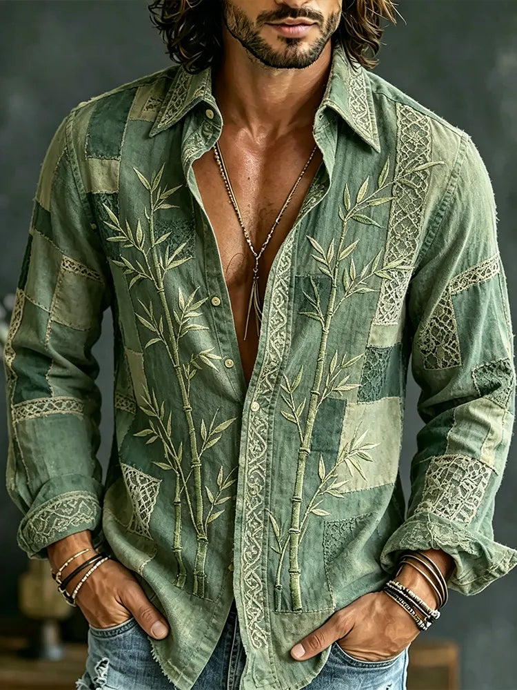 Men's Vintage Japanese Style Bamboo Patchwork Art Long Sleeve Shirt