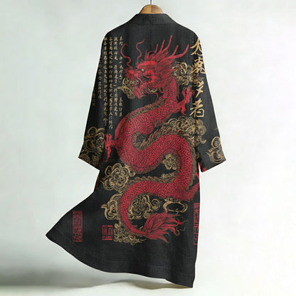 Men's Japanese Dragon Art Print Linen Long Kimono