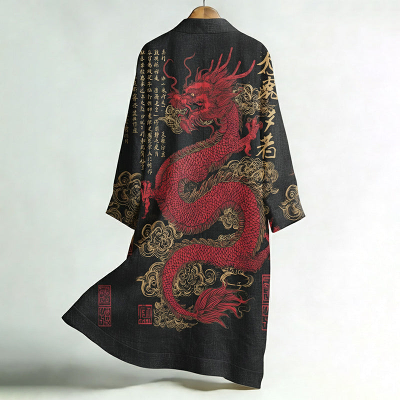Men's Japanese Dragon Art Print Linen Long Kimono