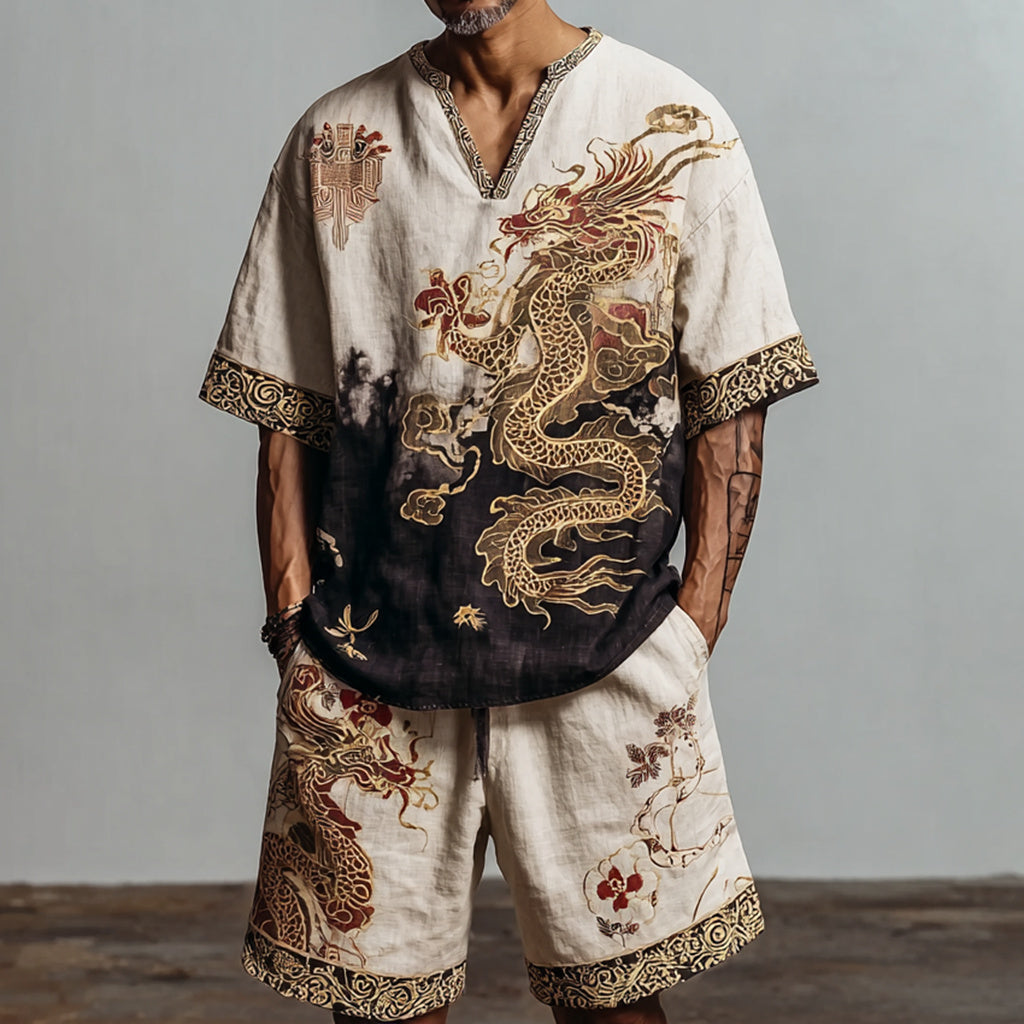 Men's Retro Dragon Design Loose Fit Suit