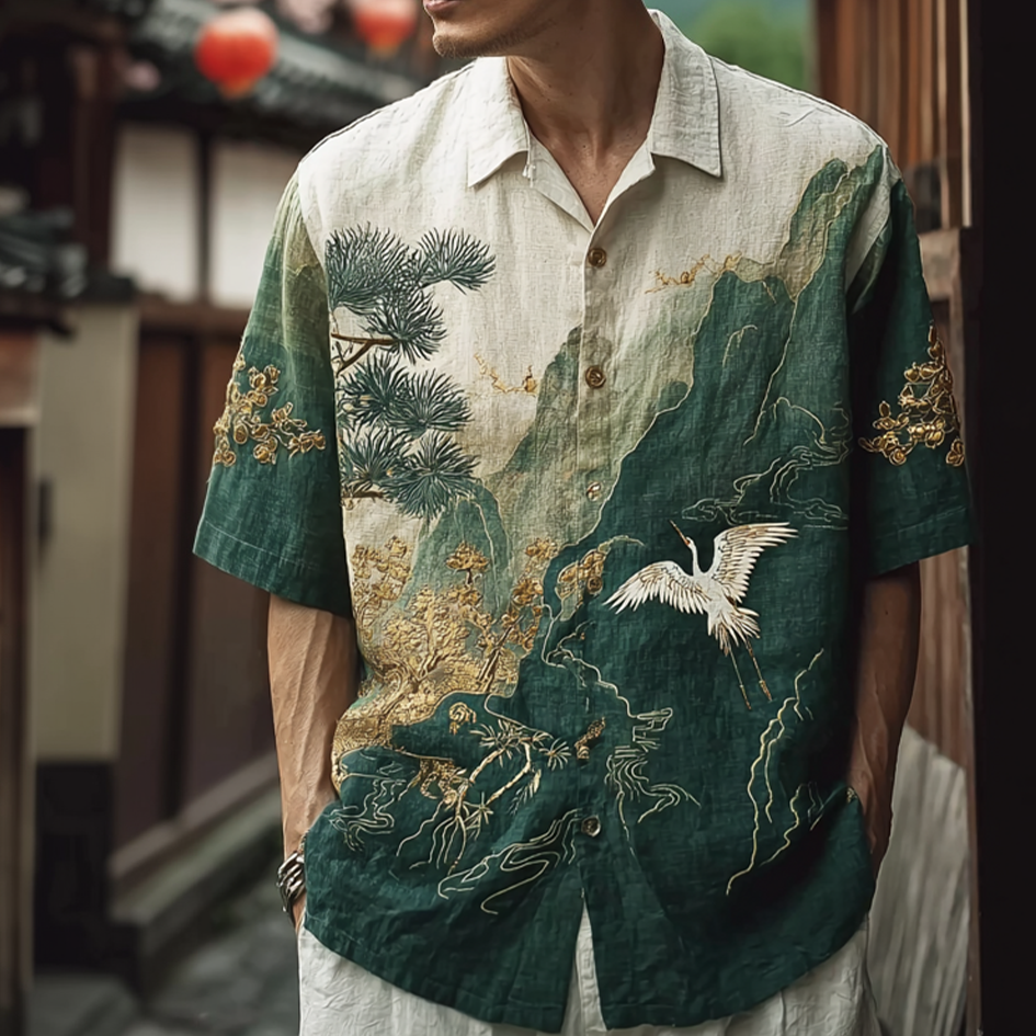Japanese Art Retro Crane And Landscapes Pattern Casual Linen Short-sleeve Shirt