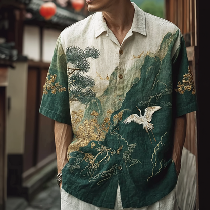 Japanese Art Retro Crane And Landscapes Pattern Casual Linen Short-sleeve Shirt