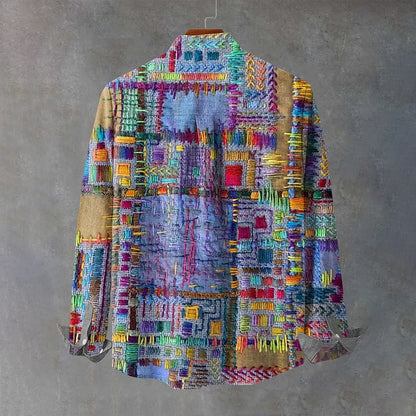 Men's Vintage Purple Patchwork Ethnic Art Print 100% Cotton Long Sleeve Shirt