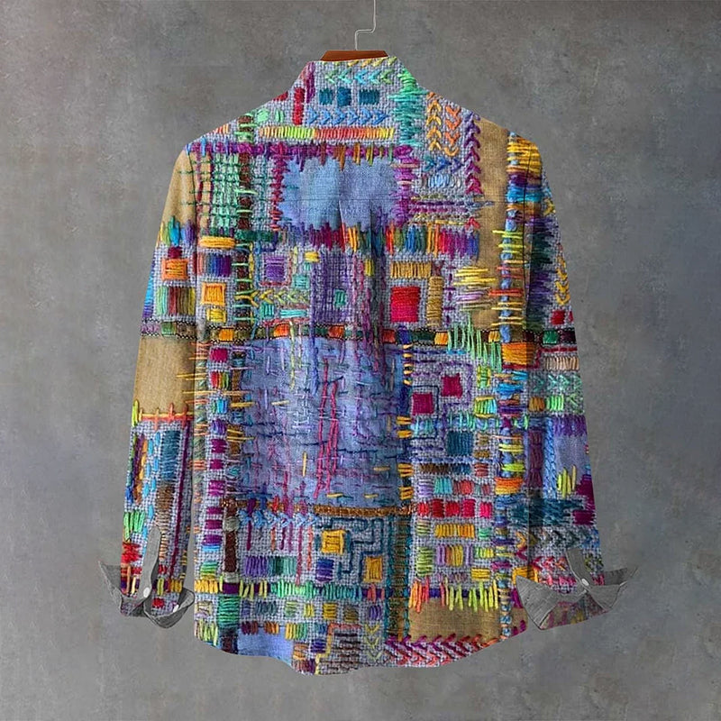 Men's Vintage Purple Patchwork Ethnic Art Print 100% Cotton Long Sleeve Shirt