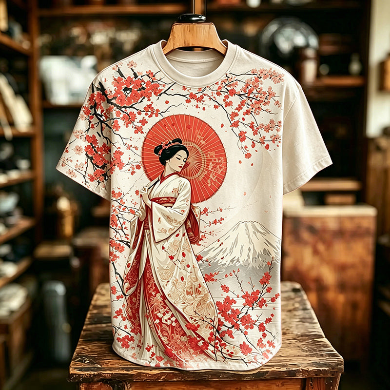 Men's Retro Japanese Geisha Cherry Blossom And Mount Fuji Pattern Crew Neck T-shirt