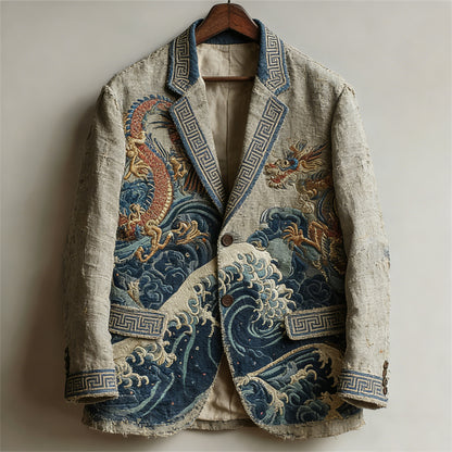 Men's Dragons Sea Waves Japanese Art Vintage Linen Blazer