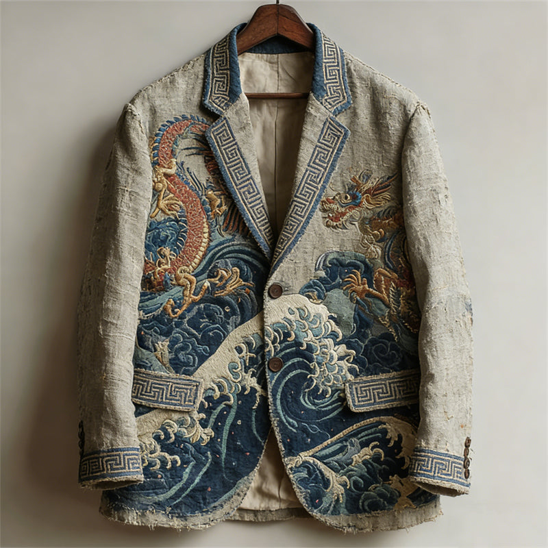 Men's Dragons Sea Waves Japanese Art Vintage Linen Blazer