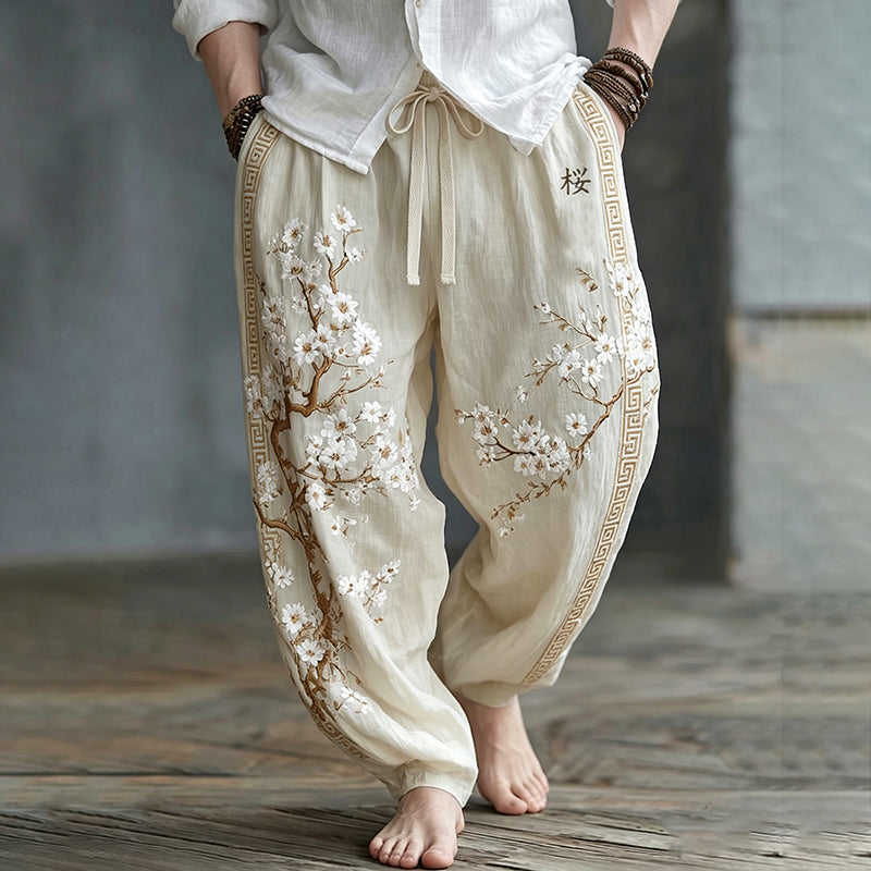 Men's Japanese Style White Almond Blossom Art Cotton Linen Vintage Pants