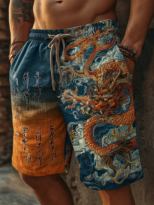 Men's Retro Japanese Dragon And Calligraphy Art Print Linen Blend Casual Shorts