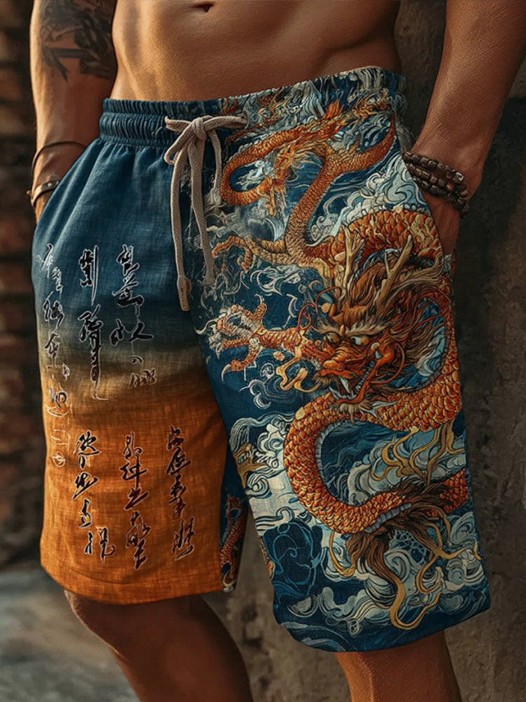 Men's Retro Japanese Dragon And Calligraphy Art Print Linen Blend Casual Shorts