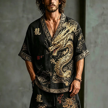 Men's Dragon Letter Cotton Linen V-neck Short-sleeve Shorts Two-piece Set