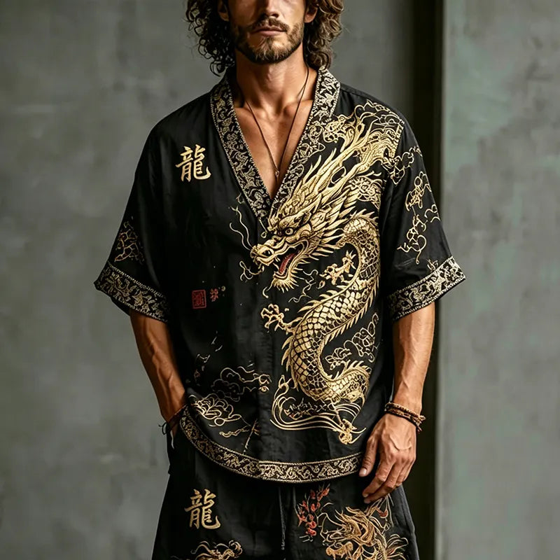 Men's Dragon Letter Cotton Linen V-neck Short-sleeve Shorts Two-piece Set