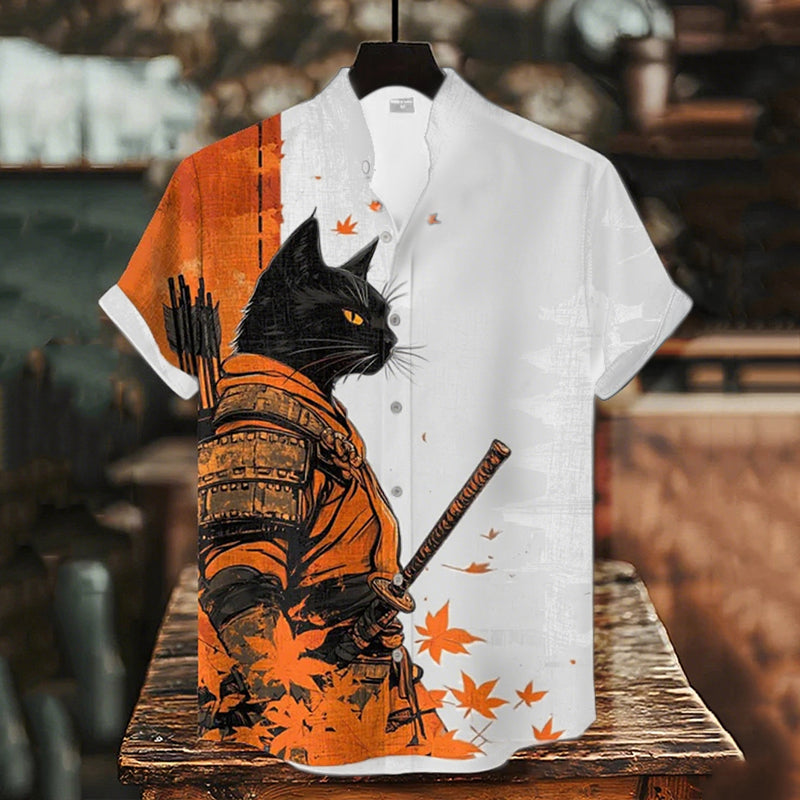 Men's Black Cat Warrior And Maple Leaf Temple Print Casual Shirt