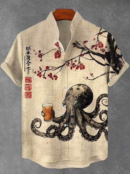 Men's Octopus Drinking Tea Under The Cherry Tree Art Print Casual Shirt