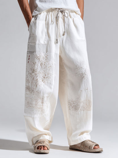 Men's Japanese Bamboo Print Casual Linen Pants