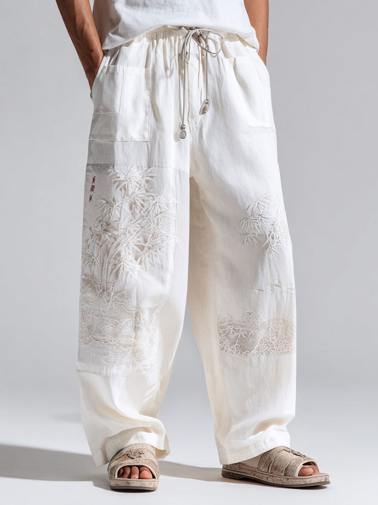 Men's Japanese Bamboo Print Casual Linen Pants