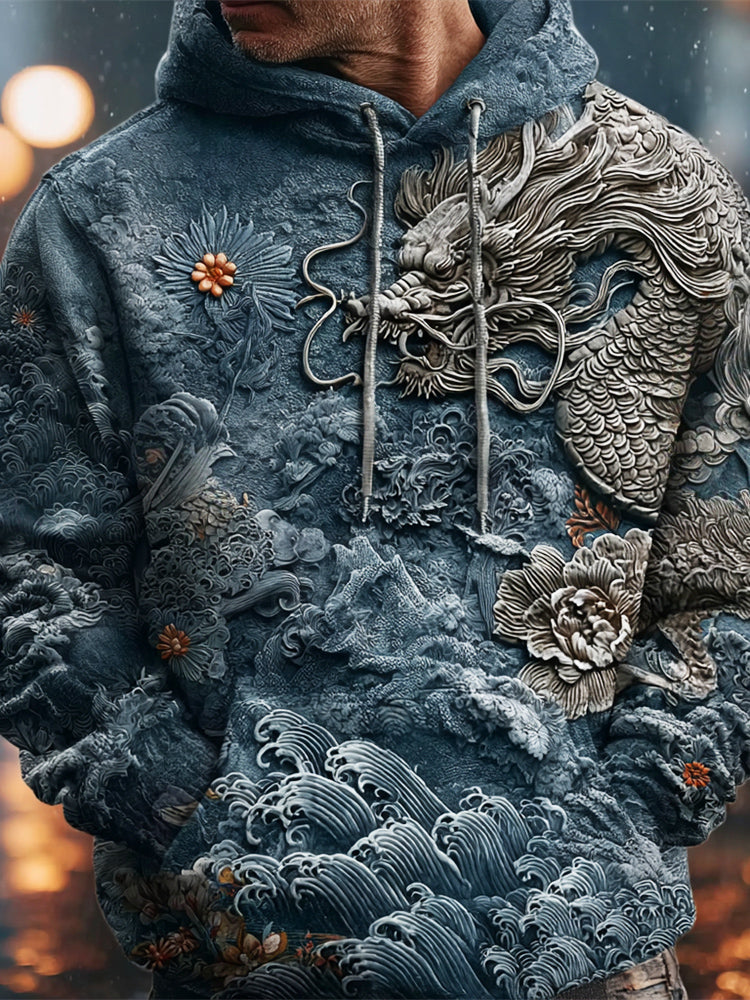 Japanese Dragon & Ocean Art Men's Hooded Sweatshirt