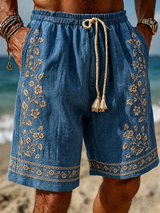 Men's Vintage Floral Embroidered Art Print Flowy Linen Blend Casual Shorts
