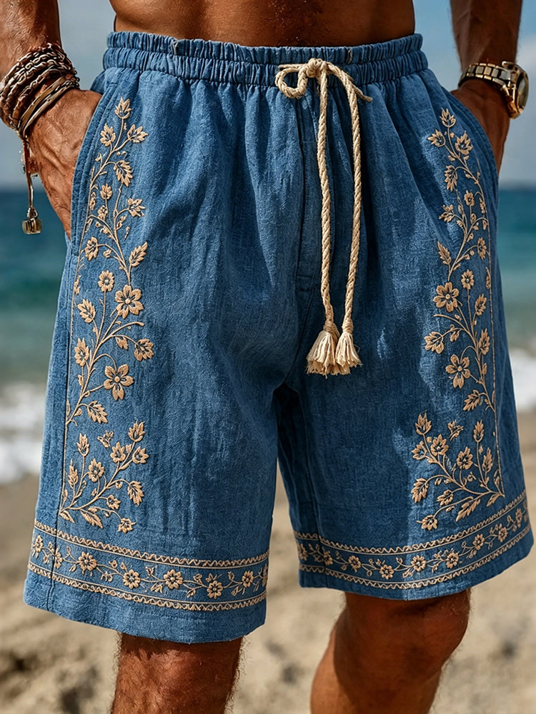 Men's Vintage Floral Embroidered Art Print Flowy Linen Blend Casual Shorts