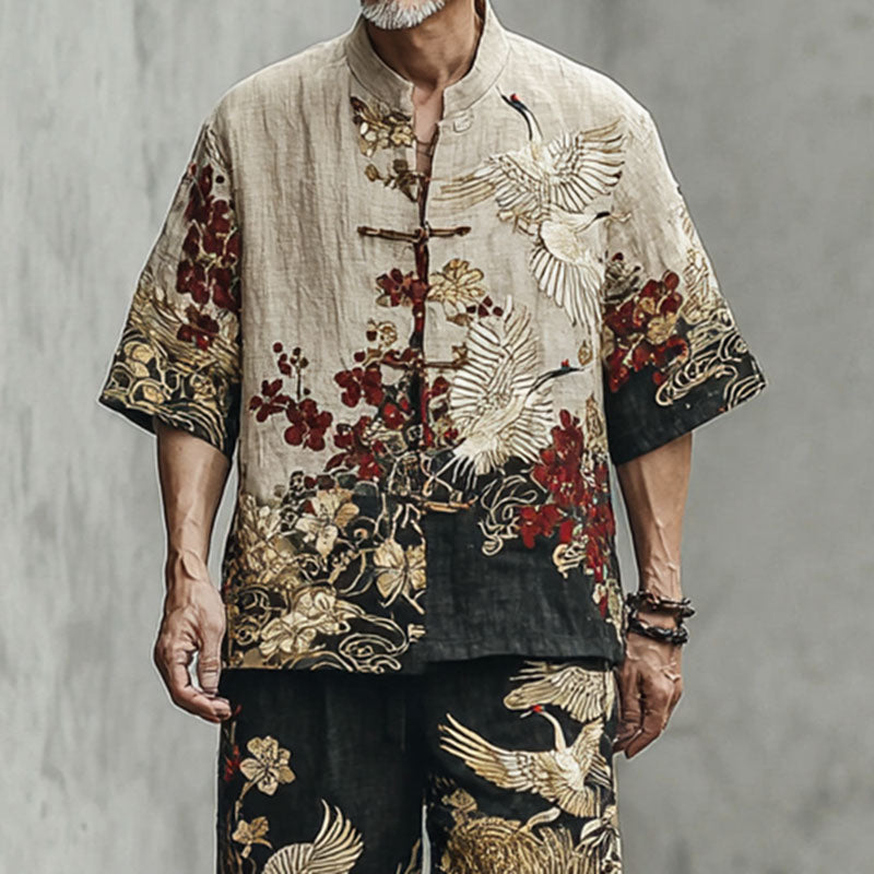 Men's Crane And Cloud Pattern Two-piece Set