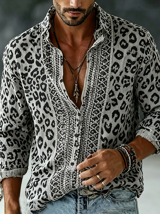 Men's Vintage Leopard Art Print Flowy Linen Blend Shirt